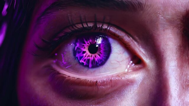 kaleidoscope hypnotic 4k macro close-up of trippy woman eye with purple lighting.