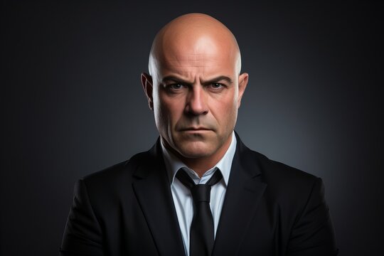 Portrait of a bald man in a suit on a dark background