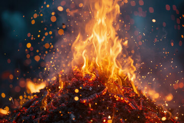 Ultra-realistic close-up of a blazing bonfire, captured with quality. AI generative.