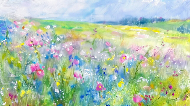 Beautiful spring landscape with colorful poppy, daisy flowers. Horizontal oil painting of blooming wild flowers landscape ,  impasto panorama for copy space by Vita