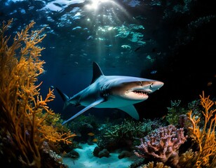 Fototapeta na wymiar underwater scene with a powerful shark swimming amidst coral reefs