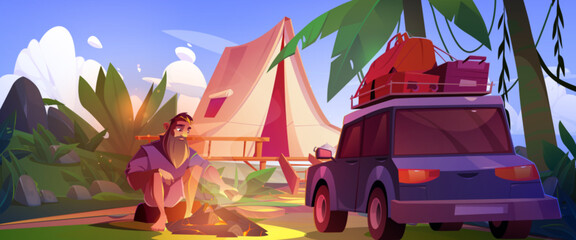 Male tourist sitting near fire in summer camp. Vector cartoon illustration of bearded man putting firewood in bonfire near camping tent, baggage on car, tropical lianas on palm trees, jungle vacation