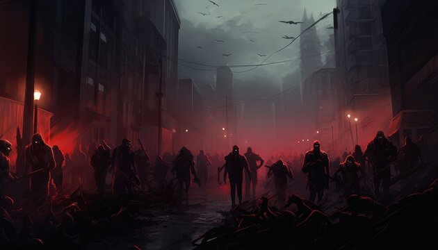 zombie crowd walking at night,halloween