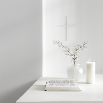 Pristine white setting featuring a classic Holy Bible minimalist elegance meets sacred words