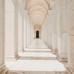 Minimalist white marble walkway poles casting shadows towards a cathedral arch
