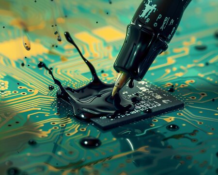 PCB with a splash of ink from a nib creative process in technology design for backgrounds