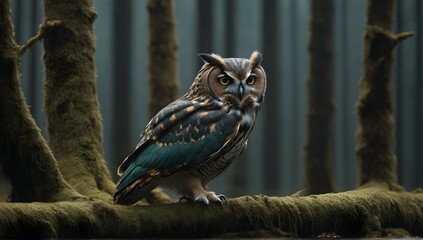 "A majestic owl perched among the trees, its feathers a mix of dark teal and amber, captured by the cinematic lens of a Sony A7 IV in the cold, moss-covered forest."