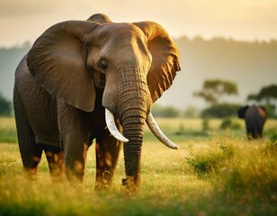 Fototapeta na wymiar An elephant with majestic tusks, peacefully grazing in the grasslands