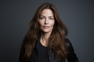 Portrait of a beautiful young woman with long brown hair wearing a black leather jacket and looking at the camera.