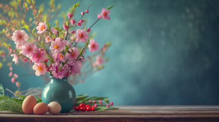 Cheerful Easter decor with vibrant flowers and colorful egg ornaments. AI generative.