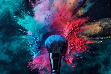 a makeup brush is captured in motion with exploding colors