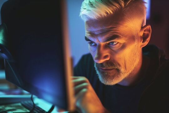 Close up image of a mature man concentrating on a computer screen