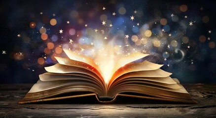 A Magical Book Unfolding with Abstract Lights in the Dark - Capturing the Essence of Literature and Fairytale Wonder. Made with Generative AI Technology