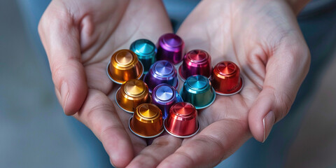 Quality testing aroma taste of good coffee bean drink production concept. Top close-up view of hand holding brown roasted arabica coffee capsules