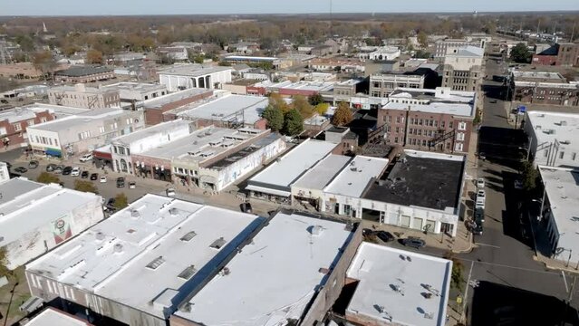 Downtown Clarksdale, Mississippi with drone video moving sideways at an angle.