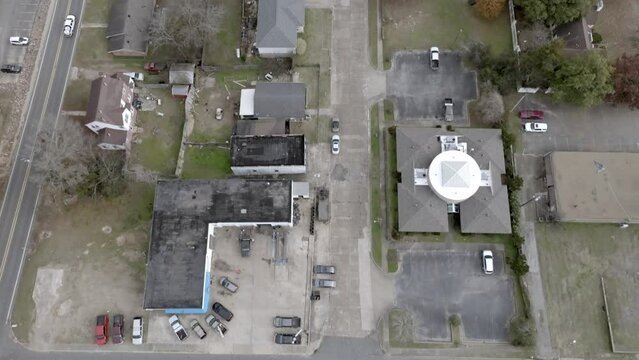 Neighborhood in Clarksdale, Mississippi with drone video overhead looking down.