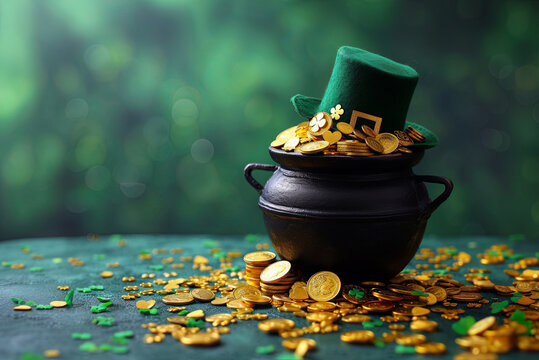 Black pot with gold coins, shamrocks, a leprechaun hat. St. Patrick's Day Holiday Card with copy space
