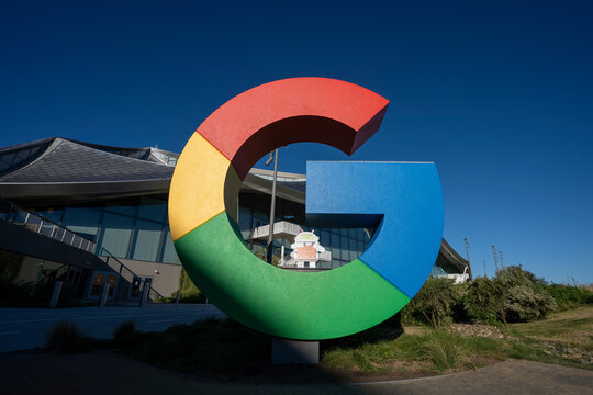 Mountain View, CA, USA - Nov 24, 2023: Giant G logo is seen at Google's new Bay View campus, an all-electric campus totaling 1.1 million square at its headquarters in Mountain View, California.