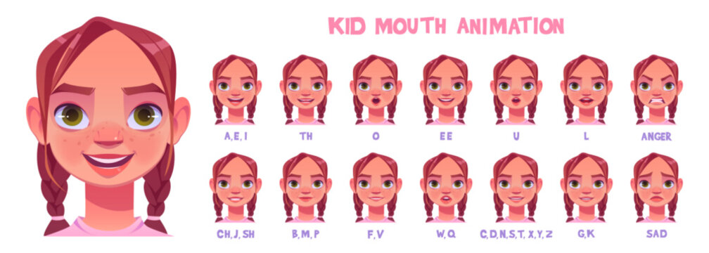 Kid girl kit for talk and emotion animation creation. Cartoon vector set of cute little female child with pigtails and different lip positions during pronunciation of english alphabet letters.