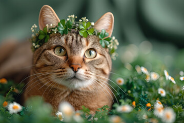 Cat with a wreath of shamrocks on his head for the celebration of the holy holiday