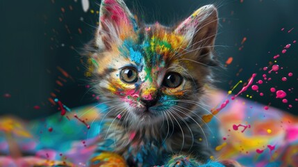 an art of a realistic, very cute, and playful kitten covered in paint