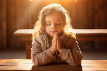 Young baby girl pray in church Christian life crisis prayer to god. Children Hands praying to god with bible on sunlight glare. - obrazy, fototapety, plakaty