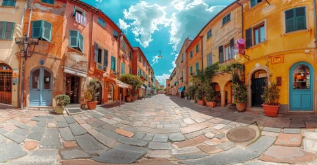 Poster Quaint Cobblestone Street With Buildings and Potted Plants © Yana