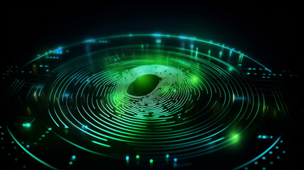 Concept Protect personal data banner. Security system with fingerprint on cyber technology neon background