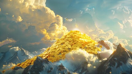 a pile of gold coin is rising on a mountain top, in the style of dark gold and light gold, rich - obrazy, fototapety, plakaty