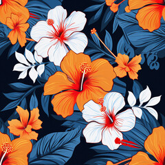 floral wallpaper design,vibrant hibiscus with leaves,orange,white,baby blue,dark blue background,vector illustration,vibrant pop art