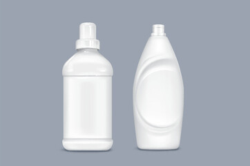 Mockup of bottle with gel or liquid detergent with lid. Realistic 3d vector illustration set of blank white plastic container with household chemicals. Laundry and cleaning product package