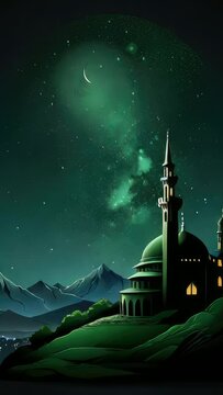 mosque silhouette with bima sakti and shooting stars for social media and stories. seamless looping time-lapse virtual video animation background