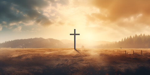 Silhouette of cross on hill against sky Christianity emblem - obrazy, fototapety, plakaty