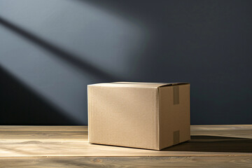 The stark contrast of light and shadow plays on a cardboard box, creating a dramatic effect on a smooth wooden surface against a dark wall.