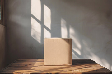 A solitary cardboard box captures the interplay of light and shadow from a window, placed on a sturdy wooden table in a room with textured walls.