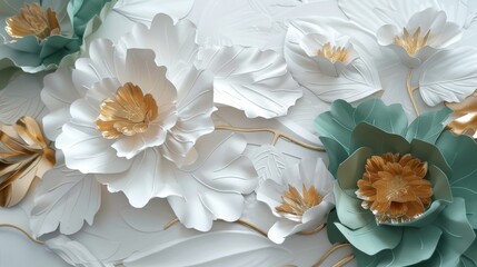Gold and Green Leafs with White Background and Pastel Colors - Dark White and Light Gray Shaped Canvas - Innovative Page Design Delicate Flowers Wallpaper created with Generative AI Technology