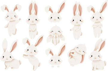 White spring bunny clipart. Cute easter character. Cute hare or rabbit illustrations. Transparent background