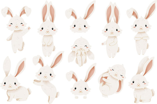 White spring bunny clipart. Cute easter character.  Cute hare or rabbit illustrations. Transparent background