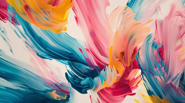 Discover the beauty of a lifelike color explosion, where vibrant hues of pink, blue, red, green, and yellow flow gracefully in an abstract pattern against the pure solid white backdrop.