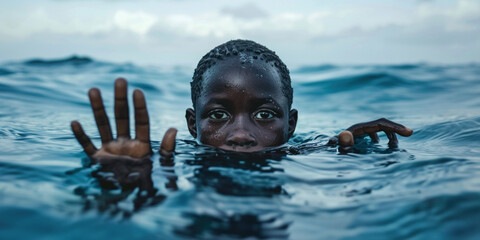 African-American boy drowning sinking kid child in sea water asking for help with raised arm. Trapped emotions depicted or love problems overpressure human in danger natural disaster sos concept - obrazy, fototapety, plakaty