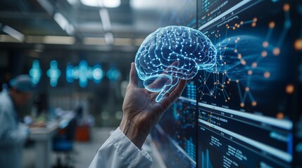 Obraz premium doctors hands showing a digital brain model