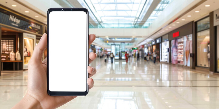 Mockup image of a person holding and showing white mobile phone with blank black desktop screen in supermarket mall with passing people on background. Shopping advertising advert concept.