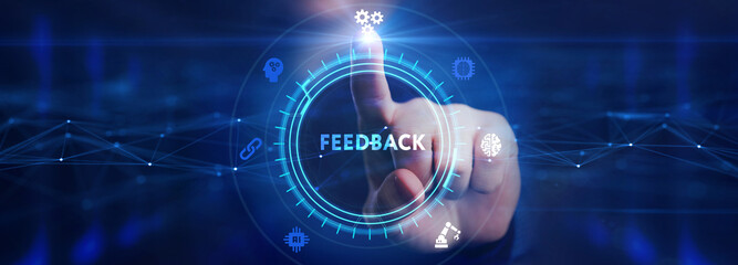 Feedback concept, user comment rating of company online, writing review diagram, reputation management. - obrazy, fototapety, plakaty