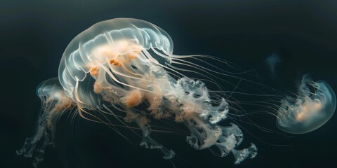 Mysterious marine ballet where creatures like jellyfish and squid emit pulsating glows revealing the oceans hidden beauty - obrazy, fototapety, plakaty
