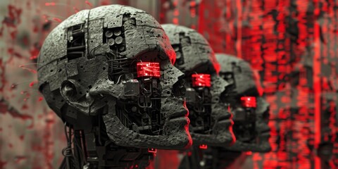 The erosion of society depicted through the degradation of cybernetic implants infected by malware leading to widespread sabotage