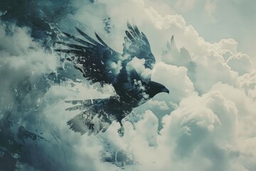 A bird of prey superimposed with the texture of a dramatic cloudy sky in a double exposure - obrazy, fototapety, plakaty