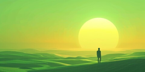 Vibrant minimalist landscape where green meets yellow in a techno future world person in silhouette against the dawn