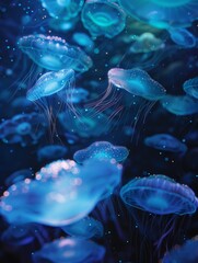 Aquatic ballet of glowing organisms their shimmering lights casting an ethereal aura in the deep sea