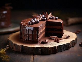 Chocolate cake without a single piece on a beautiful background 