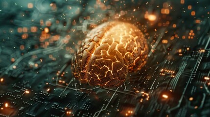Artificial intelligence and human intellect merge a brain illuminated by the core of a processor evolution of data - obrazy, fototapety, plakaty